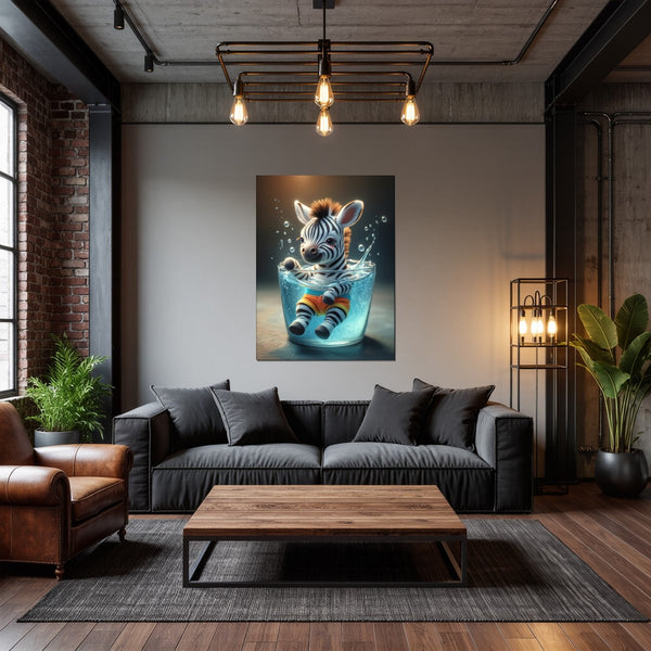 Poster Wandbild Verspieltes Zebra im Wasser fuer Wohnzimmer dunkelanthrazit Hochformat