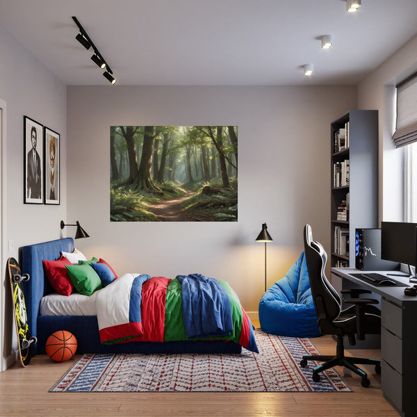 Poster Wandbild Verzauberter Waldweg B-00010 fuer Jugendzimmer warmeFarben Querformat