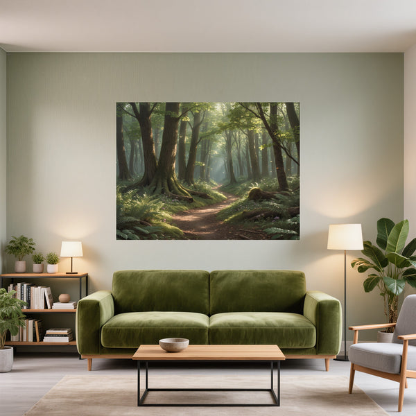 Poster Wandbild Verzauberter Waldweg B-00010 fuer Wohnzimmer gruen Querformat