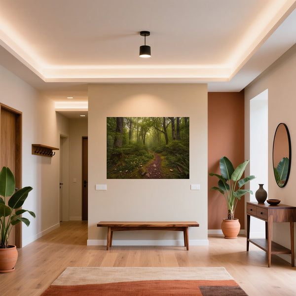 Poster Wandbild Verzauberter Waldweg fuer Flur und Eingang warmeFarben Querformat