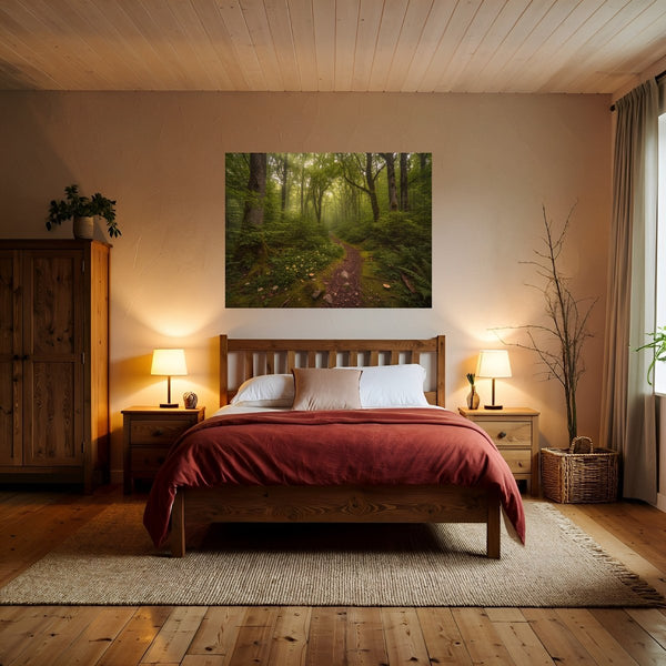 Poster Wandbild Verzauberter Waldweg fuer Schlafzimmer warmeFarben Querformat
