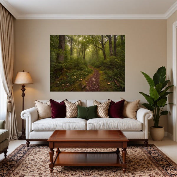 Poster Wandbild Verzauberter Waldweg fuer Wohnzimmer warmeFarben Querformat