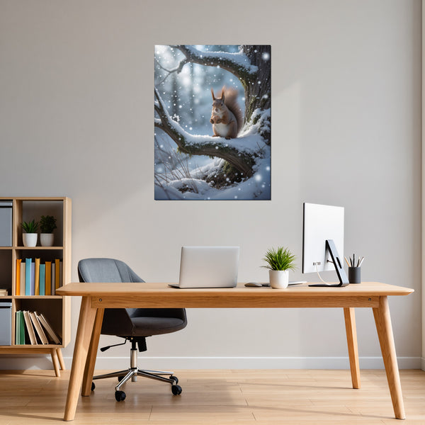 Poster Wandbild Winterliche Eichhörnchenfreude fuer Buero und Arbeitszimmer dunkelanthrazit Hochformat