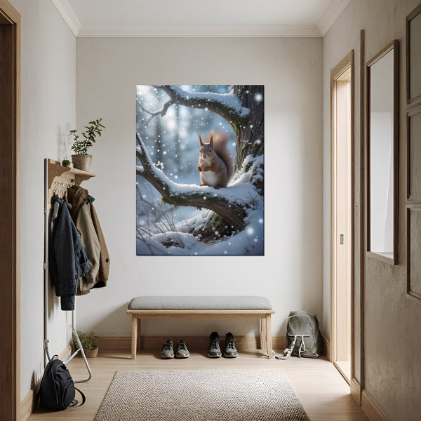 Poster Wandbild Winterliche Eichhörnchenfreude fuer Flur und Eingang dunkelanthrazit Hochformat