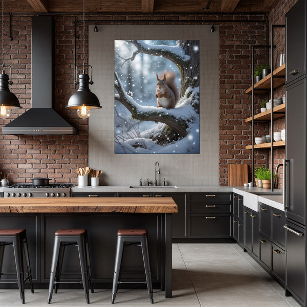 Poster Wandbild Winterliche Eichhörnchenfreude fuer Kueche und Esszimmer dunkelanthrazit Hochformat