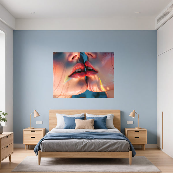 Poster Wandbild Zarte Berührung fuer Schlafzimmer blau Querformat