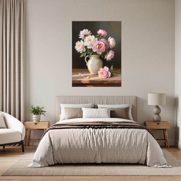Poster Wandbild Zarte Pfingstrosenpracht fuer Schlafzimmer grauoderbeige Hochformat