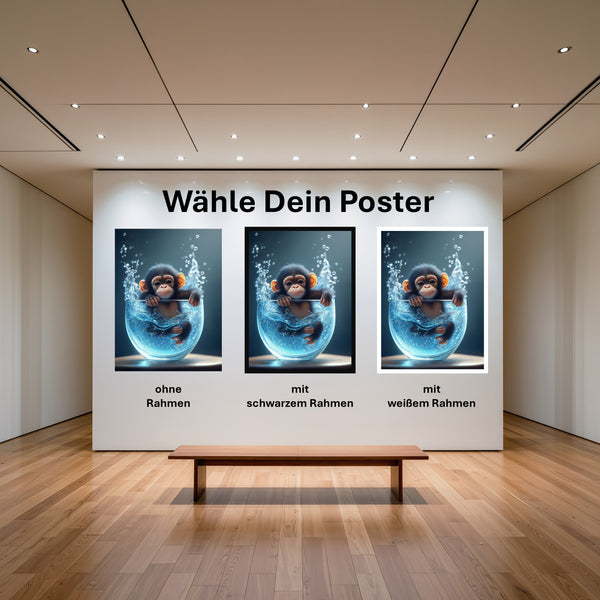 Poster Verspielter Schimpanse im Wasser mit und ohne Rahmen