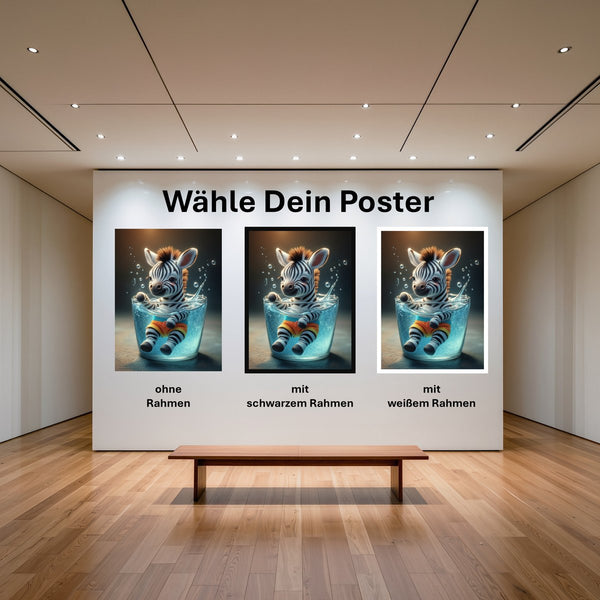 Poster Verspieltes Zebra im Wasser mit und ohne Rahmen