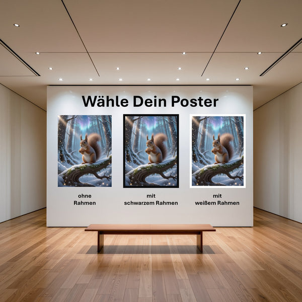 Poster Verspieltes Eichhörnchen im Winterwald mit und ohne Rahmen