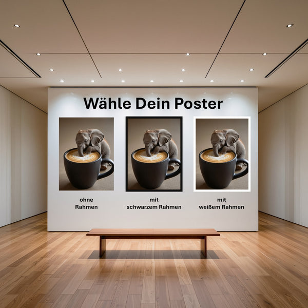 Poster Kaffeegenuss mit Elefant mit und ohne Rahmen