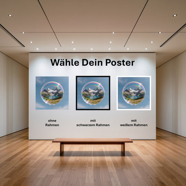 Poster Traumhafte Berglandschaft in einer Seifenblase mit und ohne Rahmen