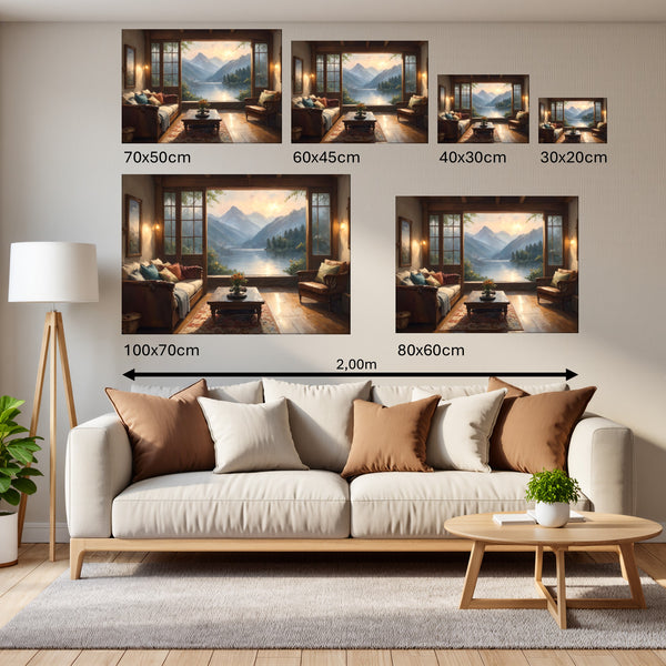 Groessenvergleich Leinwandbild Bergblick im Wohnzimmer Querformat