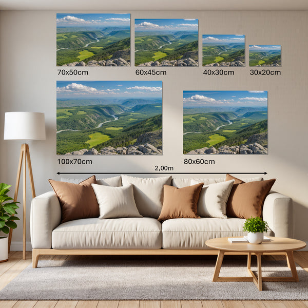Groessenvergleich Leinwandbild Berglandschaft im Sommer Querformat