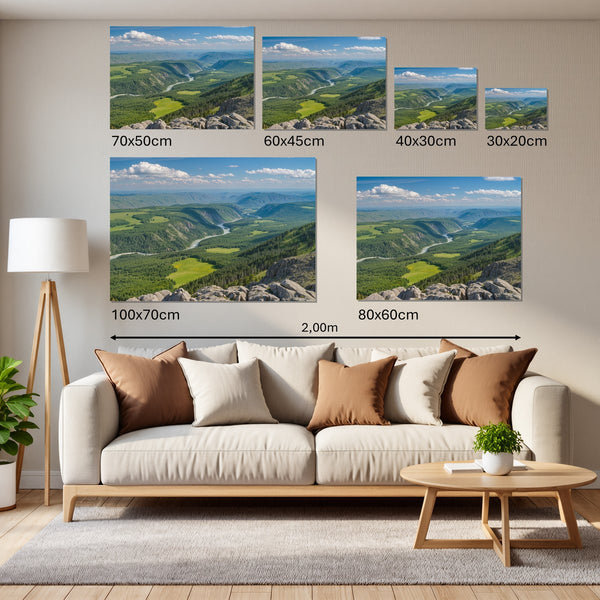 Groessenvergleich Leinwandbild Berglandschaft im Sommer Querformat