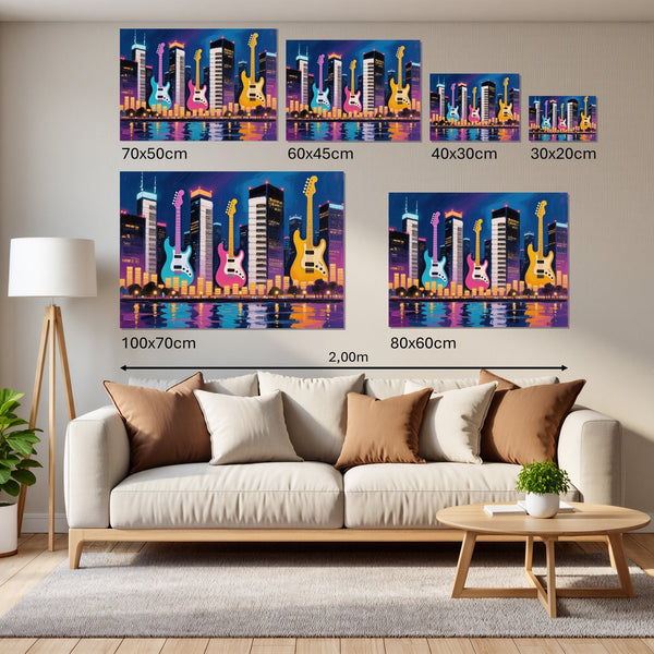Groessenvergleich Leinwandbild Bunte Gitarren in der Stadt Querformat