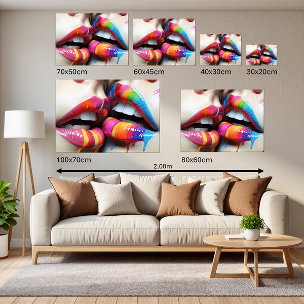 Groessenvergleich Leinwandbild Bunte Lippenkunst B-00028 Querformat