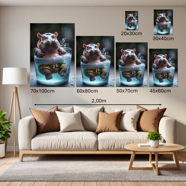 Groessenvergleich Leinwandbild Entspanntes Nilpferd im Glas Hochformat