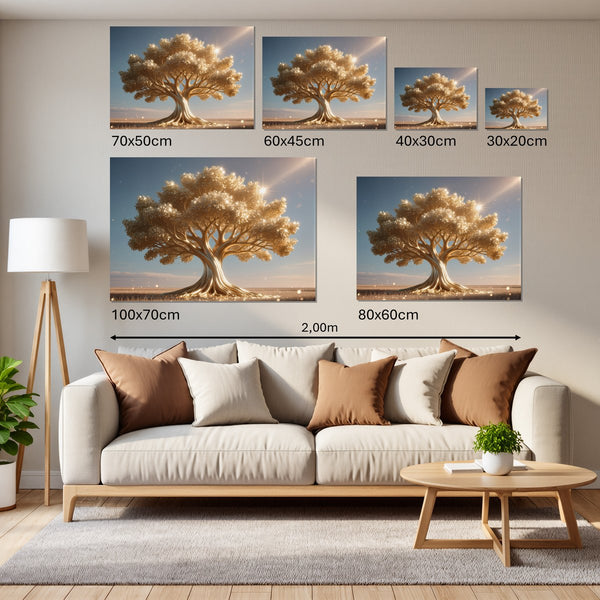 Groessenvergleich Leinwandbild Glänzender Baum in der Natur Querformat