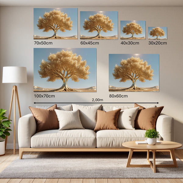 Groessenvergleich Leinwandbild Goldener Baum unter blauem Himmel Querformat
