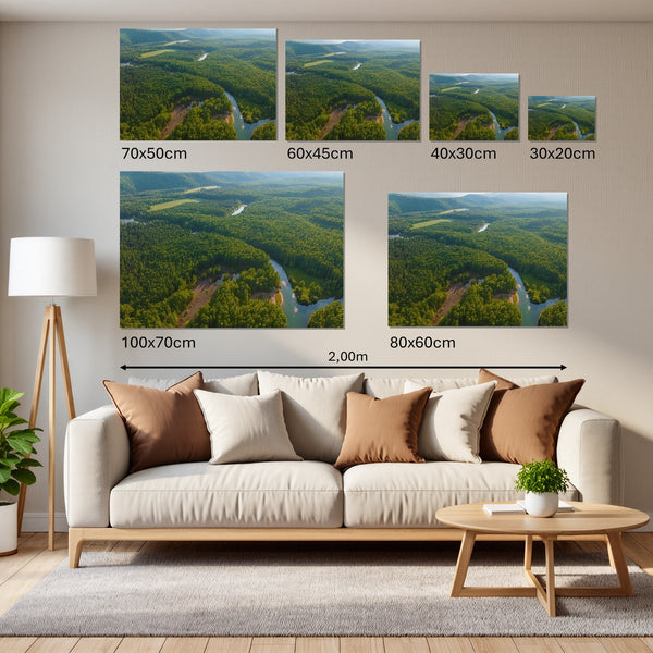 Groessenvergleich Leinwandbild Grüne Landschaft mit Fluss Querformat