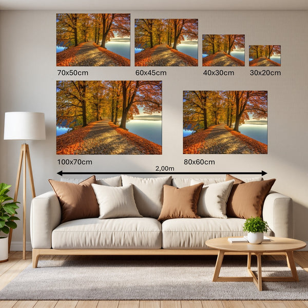 Groessenvergleich Leinwandbild Herbstliche Landschaft am Wasser Querformat