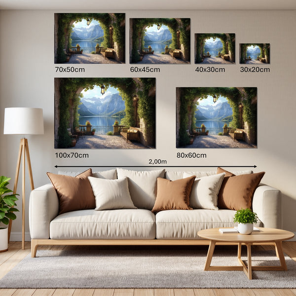 Groessenvergleich Leinwandbild Idyllische Berglandschaft Querformat