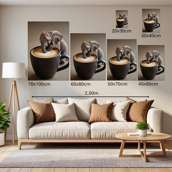 Groessenvergleich Leinwandbild Kaffeegenuss mit Elefant Hochformat