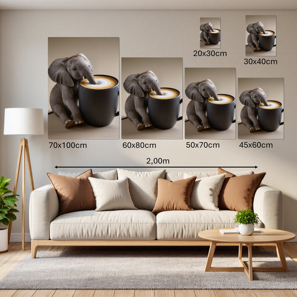 Groessenvergleich Leinwandbild Kaffeegenuss mit einem kleinen Elefanten Hochformat