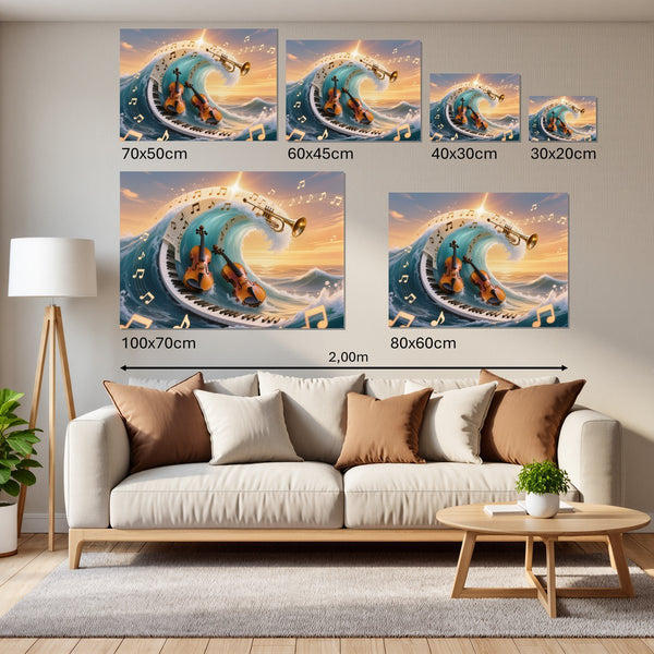 Groessenvergleich Leinwandbild Musik und Wellen Querformat
