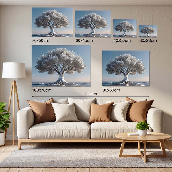Groessenvergleich Leinwandbild Silberner Baum im Wasser Querformat