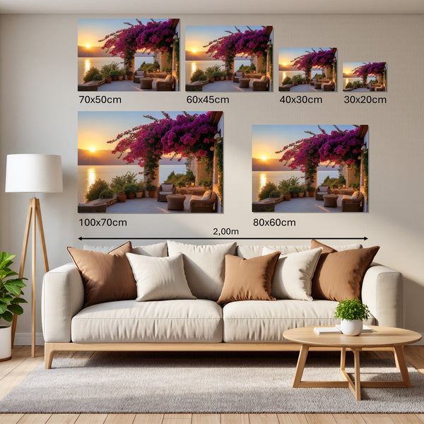 Groessenvergleich Leinwandbild Sonnenuntergang mit Bougainvillea Querformat