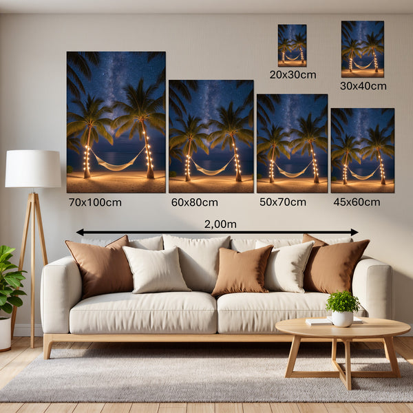 Groessenvergleich Leinwandbild Sternenhimmel über der Hängematte Hochformat