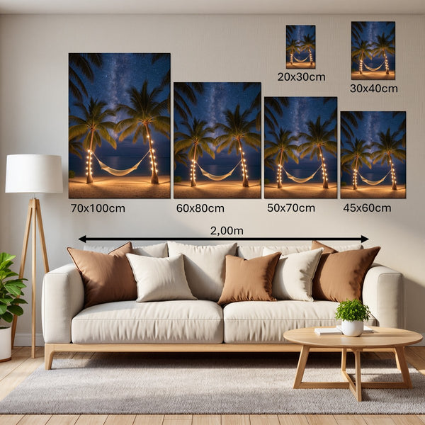 Groessenvergleich Leinwandbild Sternenhimmel über der Hängematte Hochformat