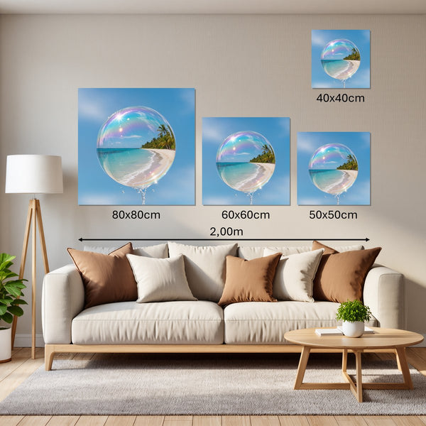 Groessenvergleich Leinwandbild Traumhafte Strandansicht in einer Seifenblase Quadrat