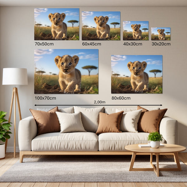 Groessenvergleich Leinwandbild Verspielter Löwe Querformat
