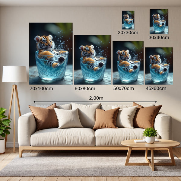 Groessenvergleich Leinwandbild Verspielter Tiger im Wasser Hochformat
