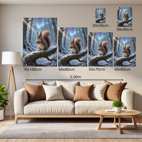 Groessenvergleich Leinwandbild Verspieltes Eichhörnchen im Winterwald Hochformat