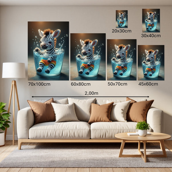 Groessenvergleich Leinwandbild Verspieltes Zebra im Wasser Hochformat
