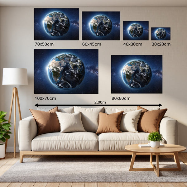 Groessenvergleich Leinwandbild Weltall und Erde B-00027 Querformat