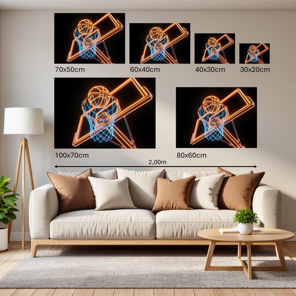 Groessenvergleich Poster Wandbilder Basketball im Neonlicht Querformat
