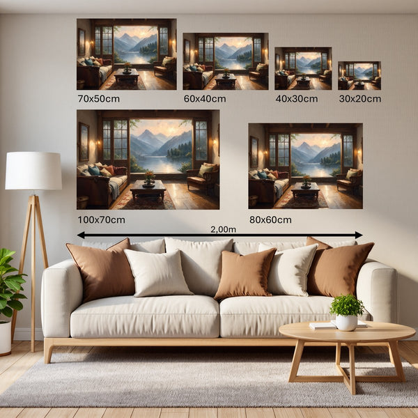 Groessenvergleich Poster Wandbilder Bergblick im Wohnzimmer Querformat