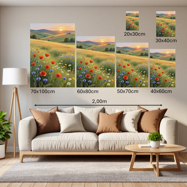 Groessenvergleich Poster Wandbilder Blühende Wiesen im Sonnenuntergang Hochformat