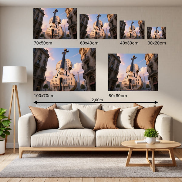 Groessenvergleich Poster Wandbilder Gigantische Violine in der Stadt Querformat