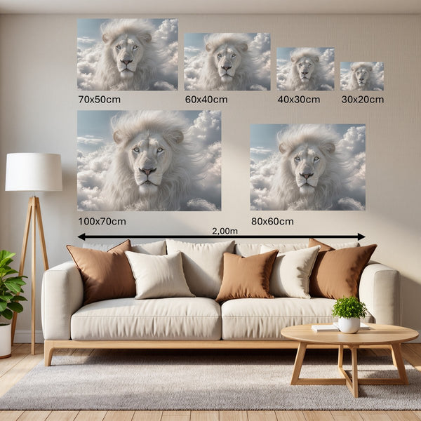 Groessenvergleich Poster Wandbilder Majestätischer Löwe im Himmel Querformat
