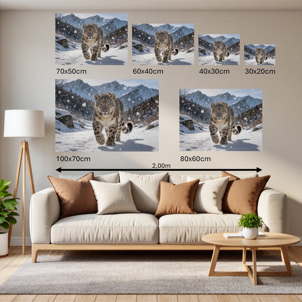 Groessenvergleich Poster Wandbilder Schneeleopard im Winterwunderland Querformat