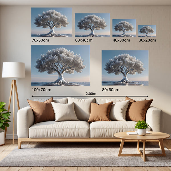 Groessenvergleich Poster Wandbilder Silberner Baum im Wasser Querformat