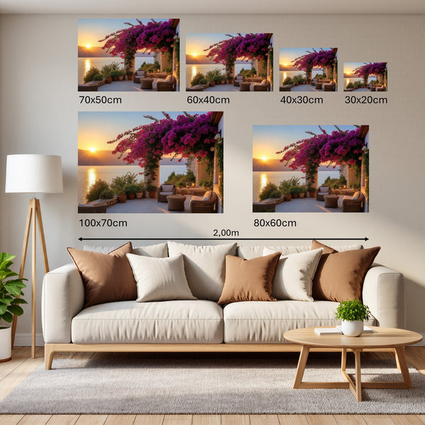 Groessenvergleich Poster Wandbilder Sonnenuntergang mit Bougainvillea Querformat