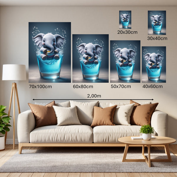 Groessenvergleich Poster Wandbilder Verspielter Elefant im Glas Hochformat