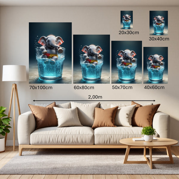 Groessenvergleich Poster Wandbilder Verspielter Elefant im Wasser Hochformat